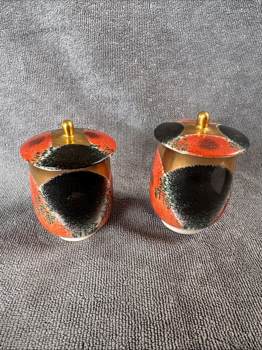 Rare Vintage Kutani Ryuho Japanese Lidded Tea Cups Pair Hand Painted Set